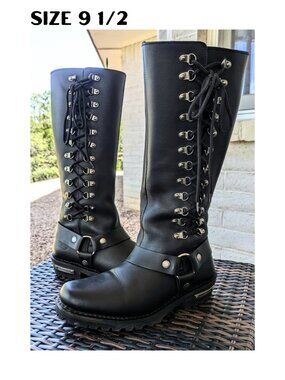 Milwaukee Leather Womens 9.5 Black Genuine Leather Harness Lace Motorcycle Boots